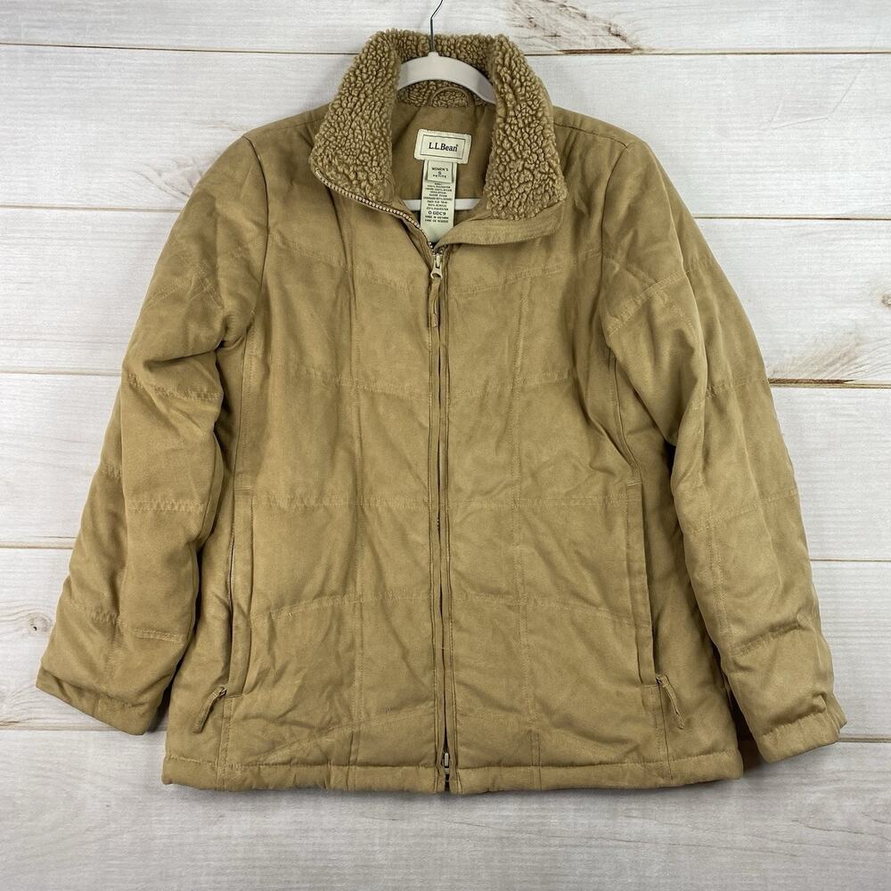 LL Bean Jacket Womens S Petite Brown Goose Down Faux Fur/Suede Parka Coat Sherpa